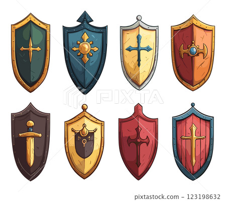 Medieval Shields Icons Set Historic Shields with Knights Crest Icon Set Armored Shield Designs Medieval Shield Shapes with Heraldic Symbols Old-Fashioned Shields with Coat of Arms 123198632
