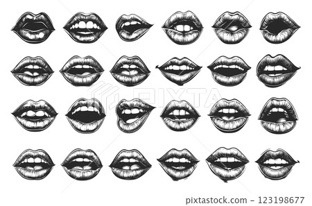 Different Mouth Icons Set Black and White Linocut Print Style Facial Expressions Lips Sketches Mouths Shapes Emotions Monochrome Drawings 123198677