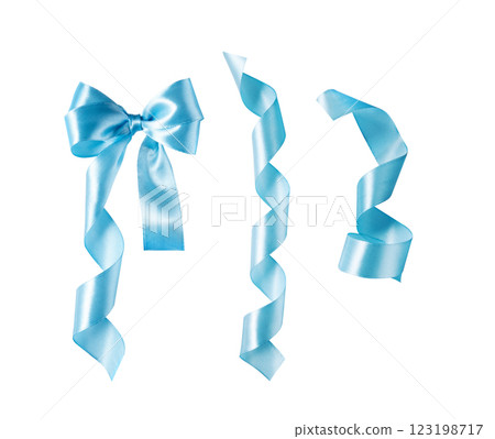 Blue curved ribbon and ribbon tied bow isolated on white background for design. Satin luxury ribbon bow as element for holiday packaging and decoration design. Blue curved ribbon and ribbon tied bow isolated on white background for design. Satin luxury ribbon bow as element for holiday packaging and decoration design. 123198717