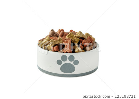 Dry dog food in a shape of bones in bowl isolated on white background. Plate full of mineral healthy dog food. Pet snack in white bowl for design. 123198721