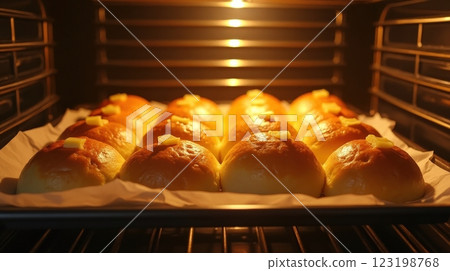 Golden baked rolls rising in an oven with warm lighting and topped with butter 123198768