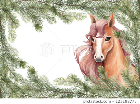 Hand drawn horse illustration with fir branches. Hand drawn horse illustration with fir branches. 123198773