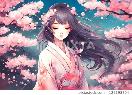 一幅插圖，描繪的是一位身著美麗和服、長著黑髮的女士，背景是櫻花 123198804