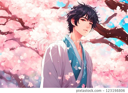An illustration of a handsome boy wearing a kimono and with a cool expression under a cherry blossom tree in full bloom 123198806