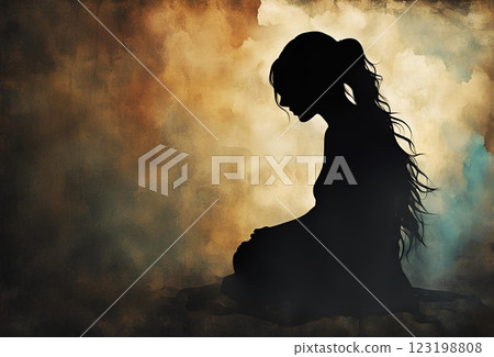 Illustration of a sad woman silhouette in a dark space 123198808