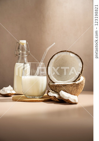 Fresh coconut milk, plant based vegan alternative milk 123198821