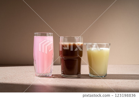 Different protein shake drinks in glasses  123198836