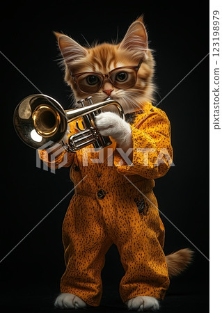 cat kitten funky disco music character isolated on black background playing trumpet 123198979