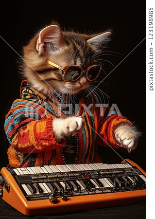 cat kitten funky disco music character isolated on black background playing keyboards 123198985
