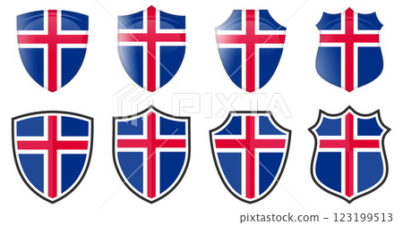 Vertical Iceland flag in shield shape, four 3d and simple versions. Icelandic icon / sign Vertical Iceland flag in shield shape, four 3d and simple versions. Icelandic icon / sign 123199513