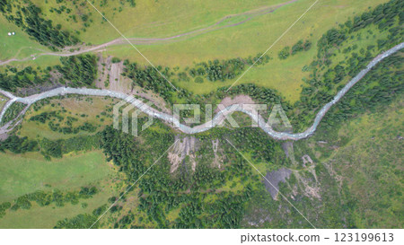 River flowing through green valley in mountainous landscape 123199613