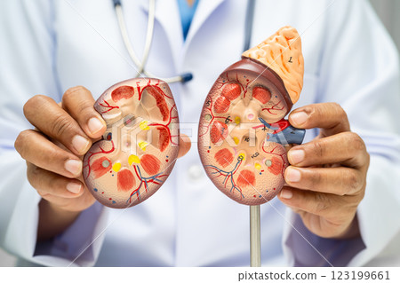 Chronic kidney disease, doctor with model for treatment urinary system, urology, Estimated glomerular filtration rate eGFR. 123199661