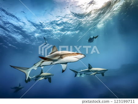 鯊魚在海中游泳的圖像 123199711