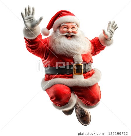 Santa Claus jumping joyfully with arms raised, dressed in a traditional red suit with white fur trim and a green belt, isolated on a transparent background. 123199712