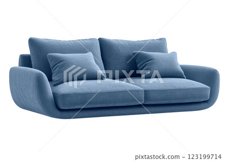 Modern blue fabric sofa with soft cushions, isolated on a transparent background. Comfortable and stylish furniture for home interiors, living rooms, and lounge areas. Modern blue fabric sofa with soft cushions, isolated on a transparent background. Comfortable and stylish furniture for home interiors, living rooms, and lounge areas. 123199714