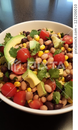 A Southwest-style bean salad with black beans, avocado, corn, and cherry tomatoes, drizzled with lime dressing, served in a deep bowl. 123200010
