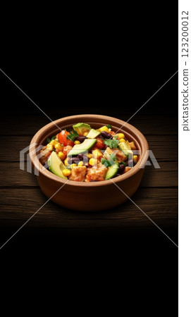 A Southwest-style bean salad with black beans, avocado, corn, and cherry tomatoes, drizzled with lime dressing, served in a deep bowl. A Southwest-style bean salad with black beans, avocado, corn, and cherry tomatoes, drizzled with lime dressing, served in a deep bowl. 123200012