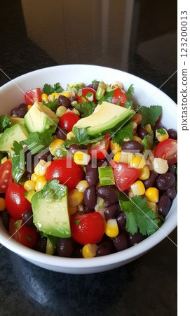 A Southwest-style bean salad with black beans, avocado, corn, and cherry tomatoes, drizzled with lime dressing, served in a deep bowl. 123200013