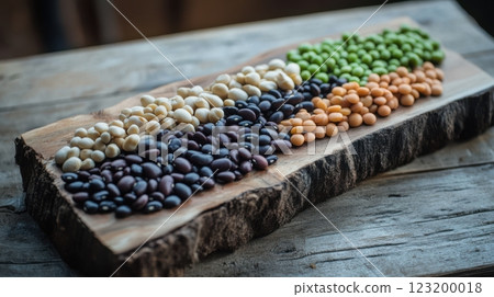 A close-up of assorted beans and lentils on a rustic wooden board, showcasing textures and colors under natural light. 123200018