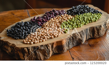 A close-up of assorted beans and lentils on a rustic wooden board, showcasing textures and colors under natural light. 123200020