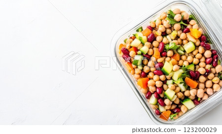 A high-protein bean salad in a minimalist glass lunchbox, featuring lentils, chickpeas, and vegetables for a balanced, healthy meal. 123200029