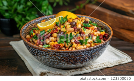 A vibrant Mediterranean bean salad with chickpeas, kidney beans, sun-dried tomatoes, and olives, served in a rustic ceramic bowl with olive oil and lemon. A vibrant Mediterranean bean salad with chickpeas, kidney beans, sun-dried tomatoes, and olives, served in a rustic ceramic bowl with olive oil and lemon. 123200050