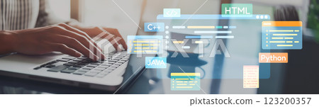 Software developer work with coding overlays of programming languages EIDE Software developer work with coding overlays of programming languages EIDE 123200357