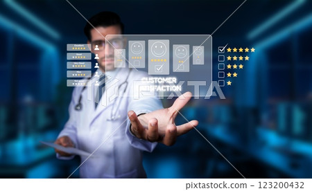 Medical professional analyzing customer satisfaction feedback with digital interface in modern healthcare setting to improve patient experiences and quality of care. PHMT 123200432