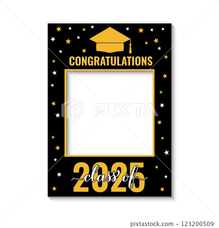 Class of 2025 photo booth frame isolated on white. Graduation party photobooth props. Grad celebration selfie frame.  Vector template. 123200509