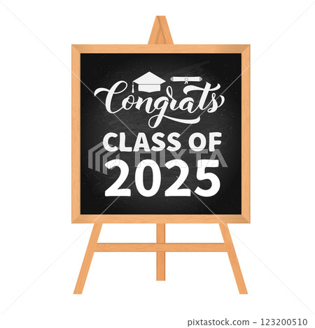 Congrats Class of 2025 hand written on chalk board with wooden frame. Congratulations to graduates typography poster.  Vector template for greeting card, banner, sticker, label, etc 123200510