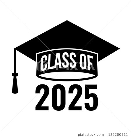 Class of 2025 lettering on graduation cap. Congratulations to graduates typography poster.  Vector template for greeting card, banner, label, sticker, invitation, etc. 123200511