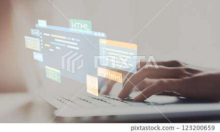 Software developer work with coding overlays of programming languages EIDE Software developer work with coding overlays of programming languages EIDE 123200659