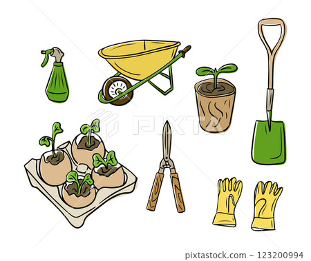 Set of gardening tools and items in doodle style 123200994