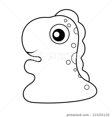 Cute Cartoon Dinosaur Outline Vector Illustration. The dinosaur has a rounded head, a large expressive eye, and a friendly smile. The minimalist line art style makes it perfect for coloring books. 123201220