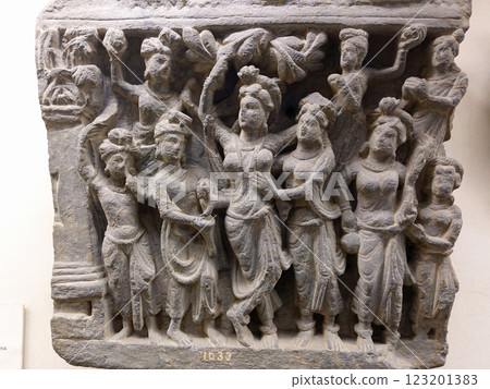 A nativity relief depicting the moment of the Buddha's birth at the Lahore Museum in Pakistan 123201383