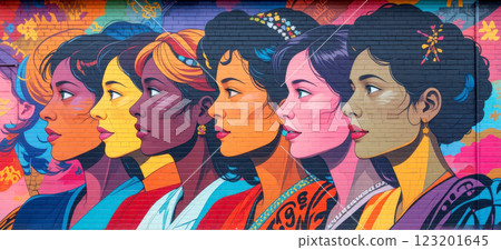 Vibrant mural featuring diverse women with unique hairstyles and expressions Vibrant mural featuring diverse women with unique hairstyles and expressions 123201645