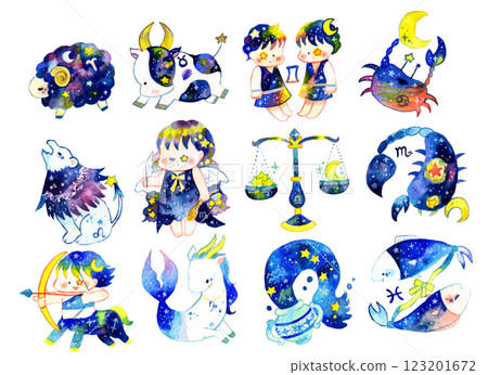 Watercolor illustrations of the 12 constellations 123201672