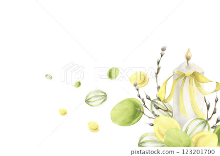 White wax candle decorated with yellow bow and colorful eggs watercolor frame. Hand drawn banner with copy space for home poster, label, logo, spring festive greeting card design White wax candle decorated with yellow bow and colorful eggs watercolor frame. Hand drawn banner with copy space for home poster, label, logo, spring festive greeting card design 123201700