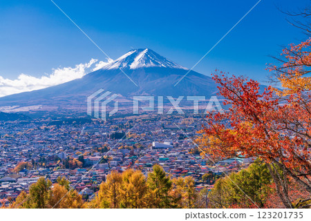 [山梨縣] 從新倉山淺間公園眺望新雪覆蓋的富士山，秋葉綏爛 123201735