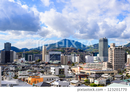 (Urban landscape) Panoramic view of the area around the station with Mt. Kinpu and the mountain range in the background (Yoan-cho, Kumamoto City) 123201770