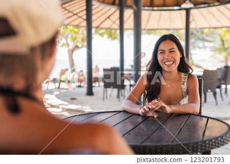 Young woman drinking coffee in cafe with her friend 123201793