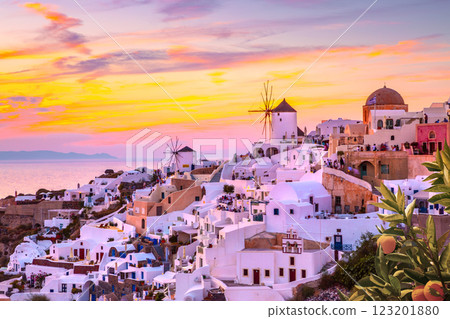 Sunset in the Oia village, Santorini, Greece. Sunset in the Oia village, Santorini, Greece. 123201880