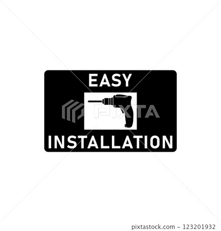 Easy simple installation icon with power drill symbol. Isolated vector illustration and sign. Design template for website elements, sticker, tag and other use. Black silhouette. 123201932