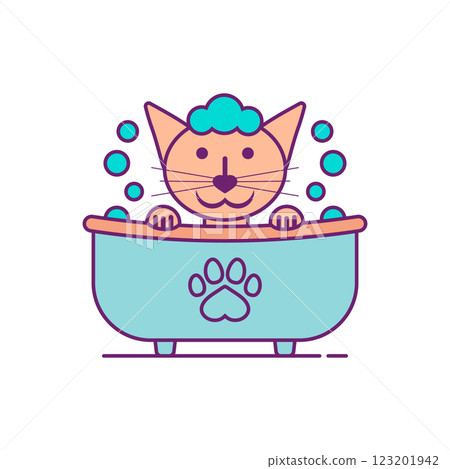 The cat having bath. The cat is washing in the bathtub. Outline and line style. Isolated colored vector illustration on white background. The cat having bath. The cat is washing in the bathtub. Outline and line style. Isolated colored vector illustration on white background. 123201942