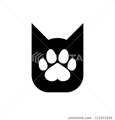 Cat head with paw print. Vector logo and icon. Black silhouette. 123201956