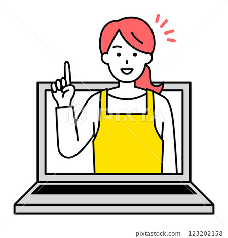 身穿圍裙的女子在網路上提供建議 身穿圍裙的女子在網路上提供建議 123202158