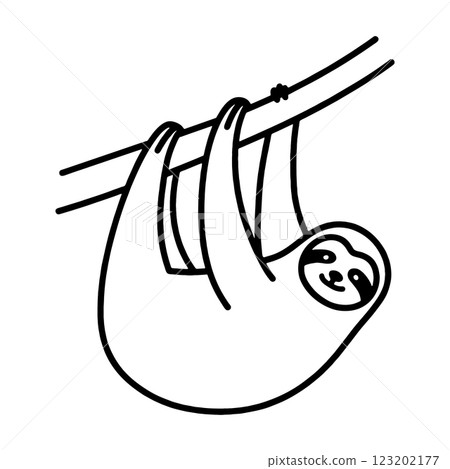 Rough hand-drawn line drawing illustration of a sloth hanging from a tree, cut out on transparent background 123202177
