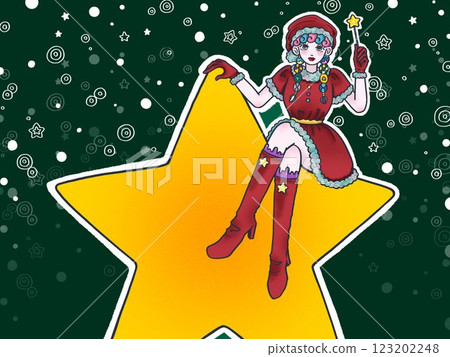 聖誕女孩坐在星星上，深綠色的背景 123202248