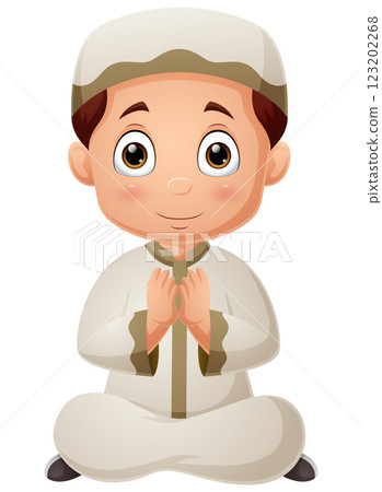 Cartoon muslim boy praying on white background 123202268