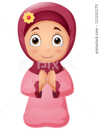 Cartoon muslim girl praying on white background 123202270